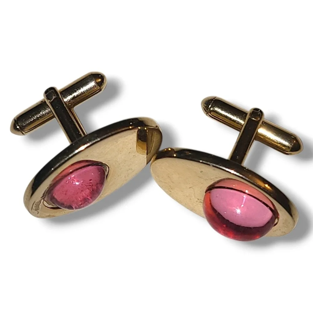 Vintage Gold Tone Pink Cabochon Cufflinks Oval Mens Formal Retro